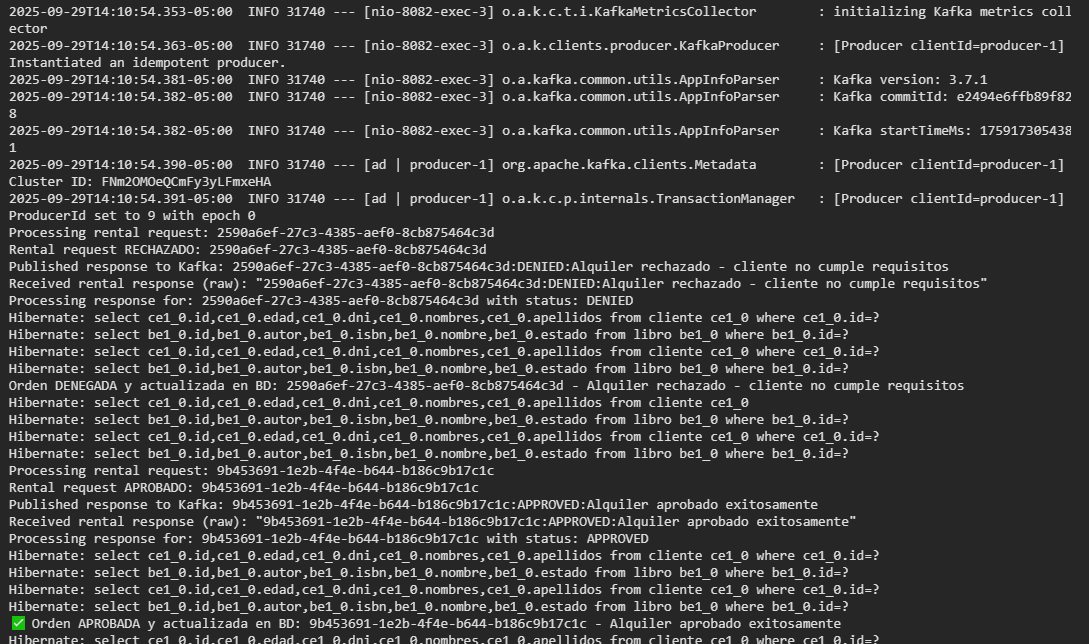 Logs de Kafka procesando el evento