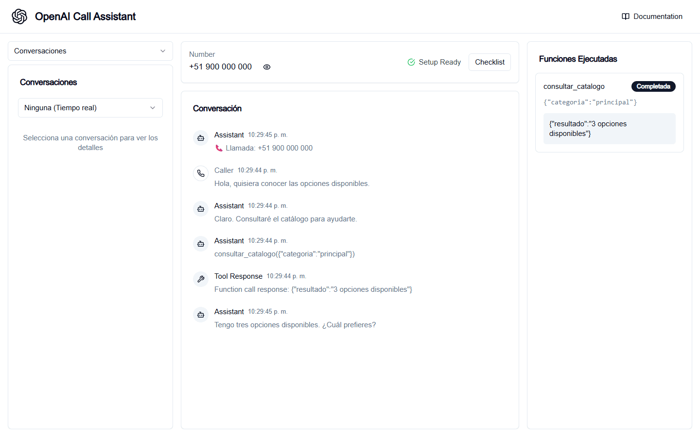 Monitoreo en vivo de la conversación y las herramientas ejecutadas con datos de demostración